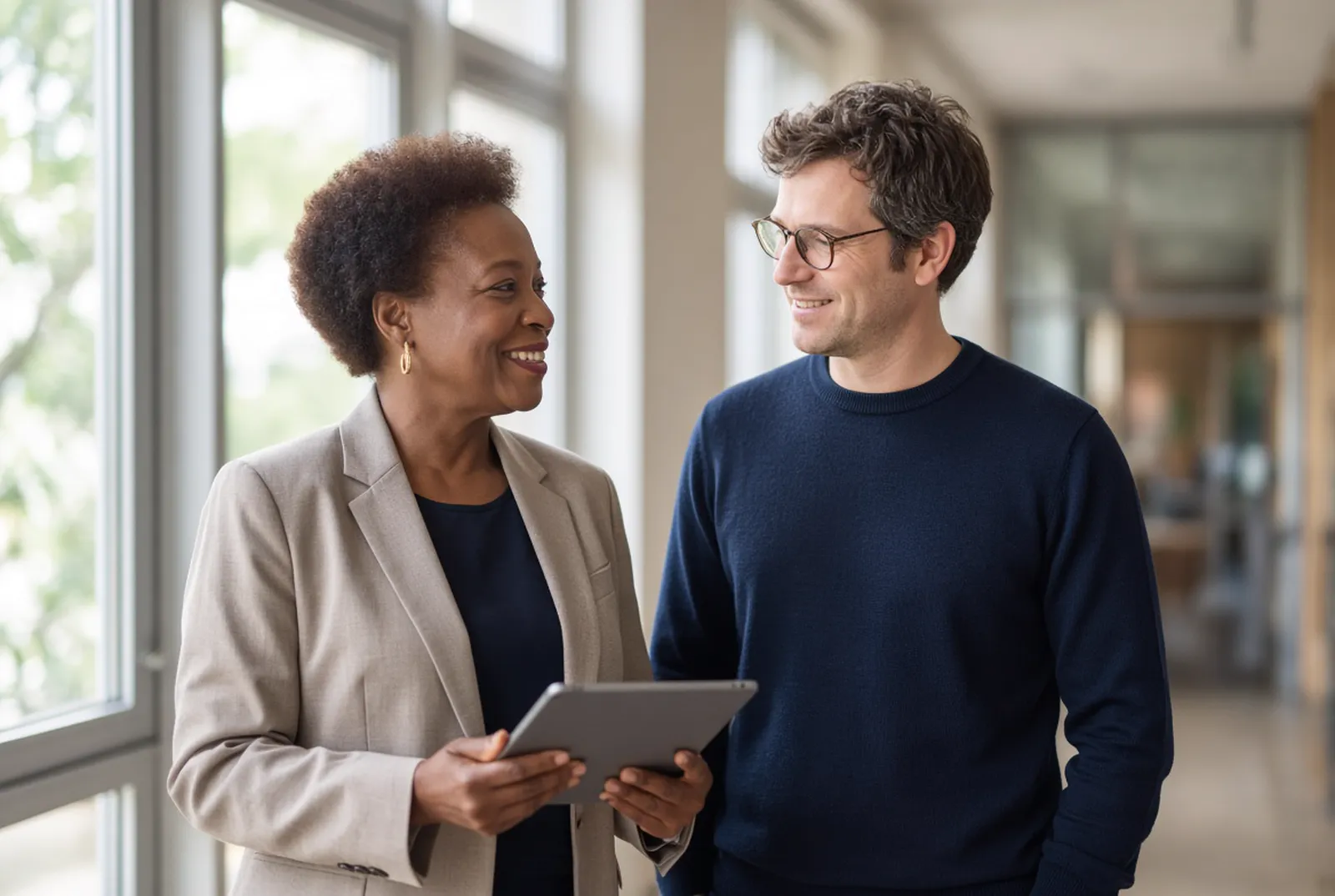 Two educators talking in a university hallway