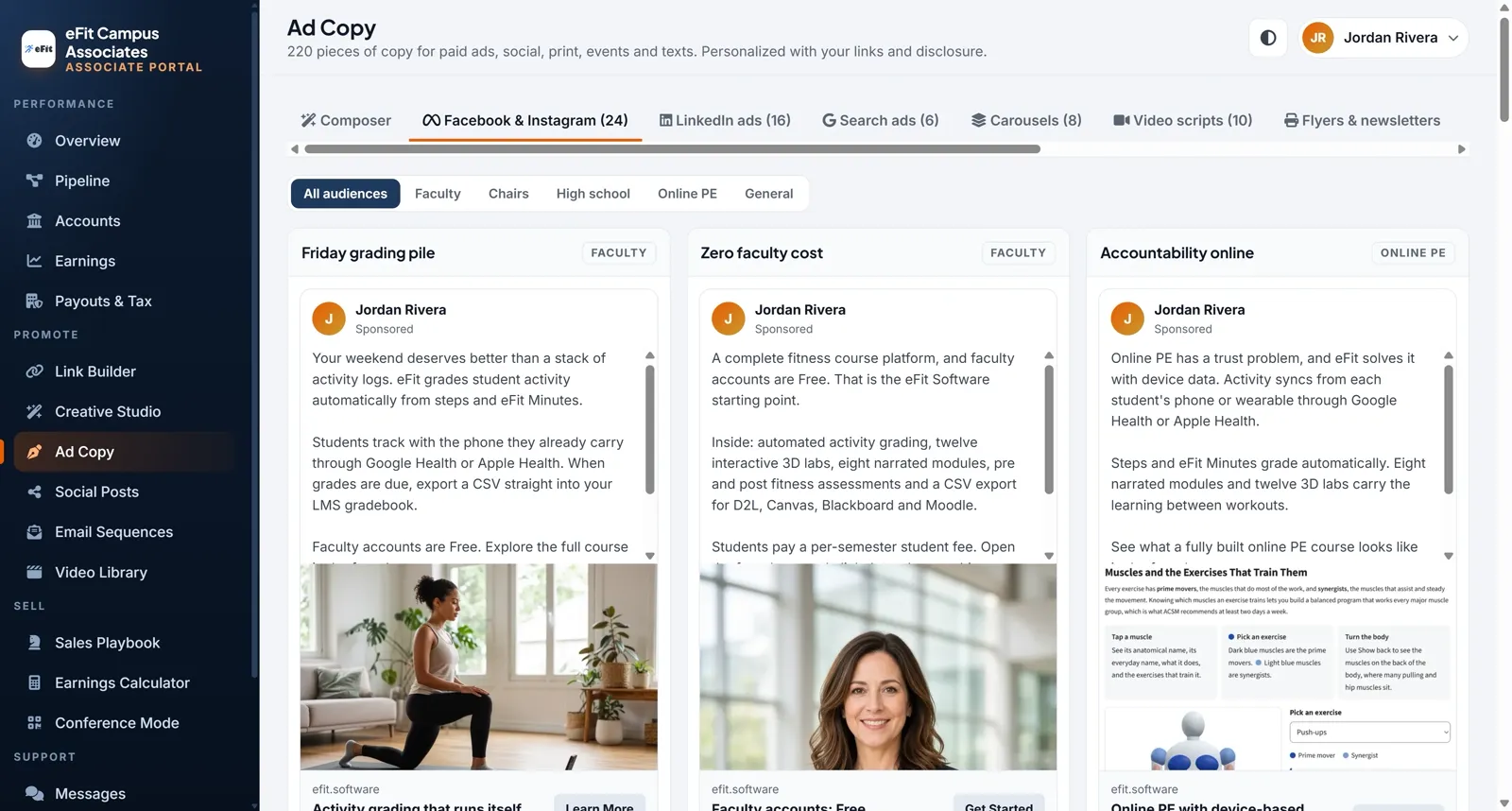 Ad Copy hub in the associate portal, shown with sample data