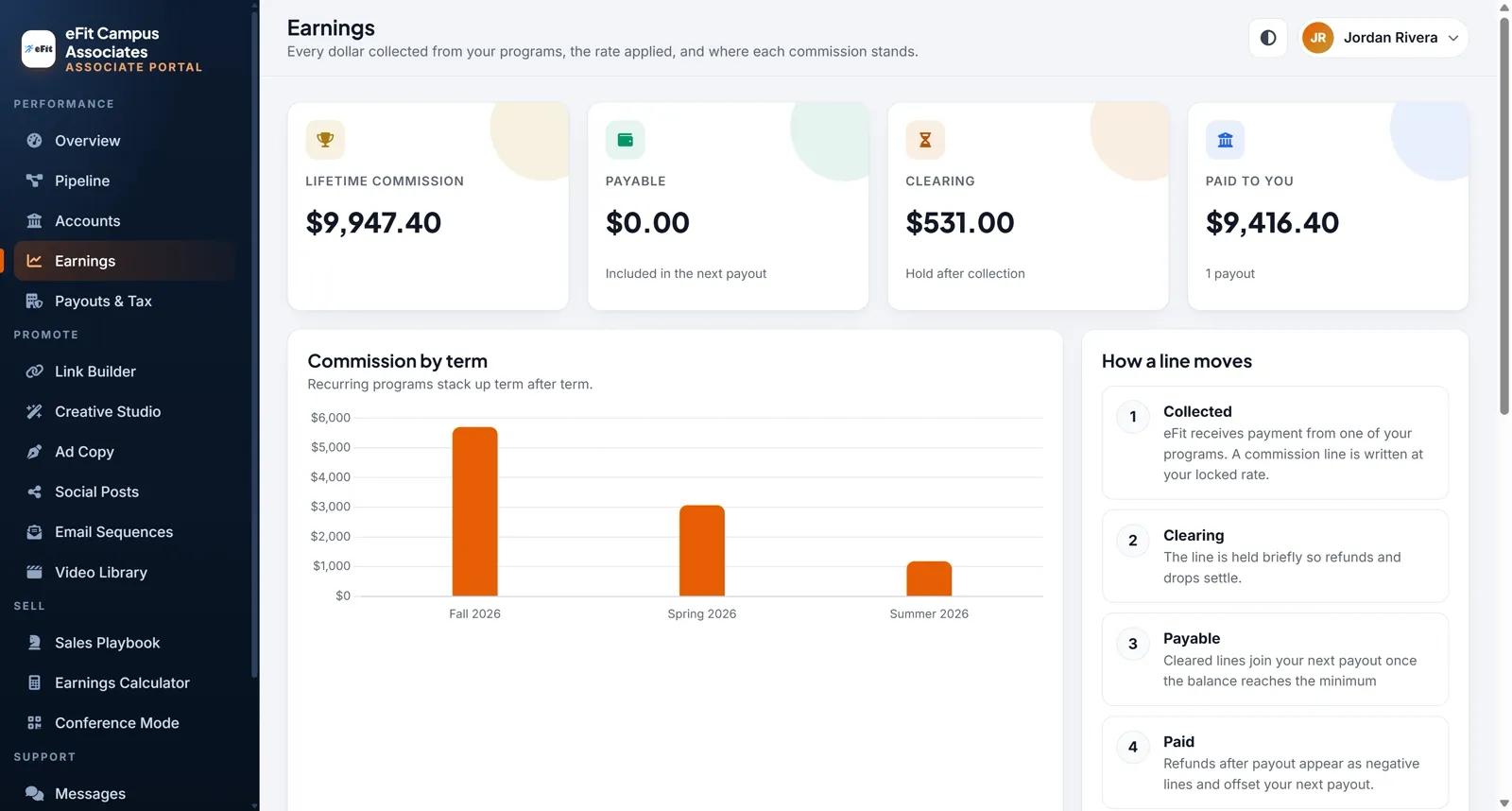 Ledger and statements in the associate portal, shown with sample data