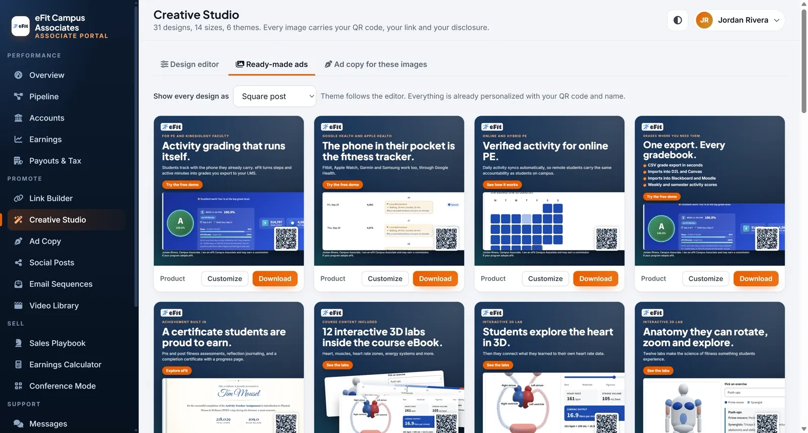 Creative Studio in the associate portal, shown with sample data