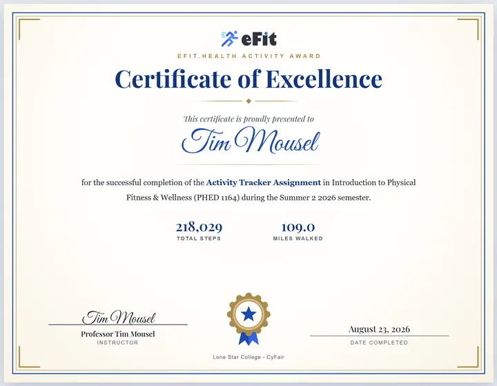 An eFit Activity Tracker Certificate of Excellence showing total steps and miles walked