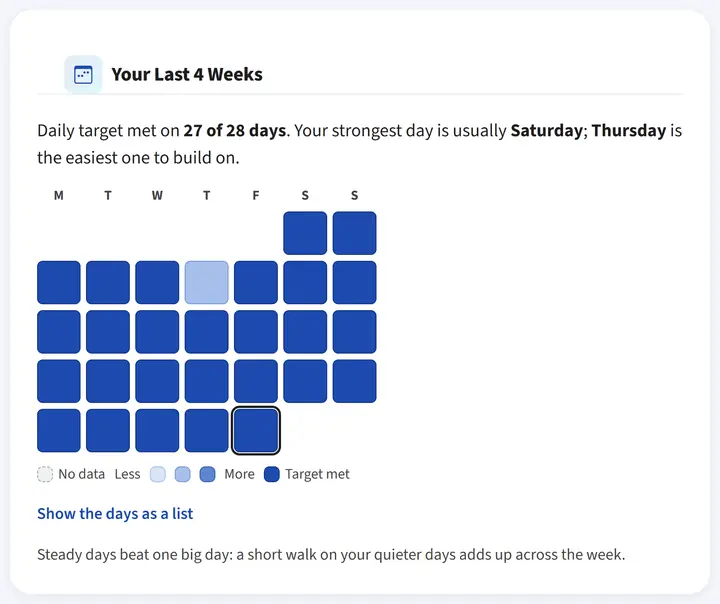 An eFit habit grid showing a student met the daily target on 27 of 28 days, with their strongest and easiest days named.