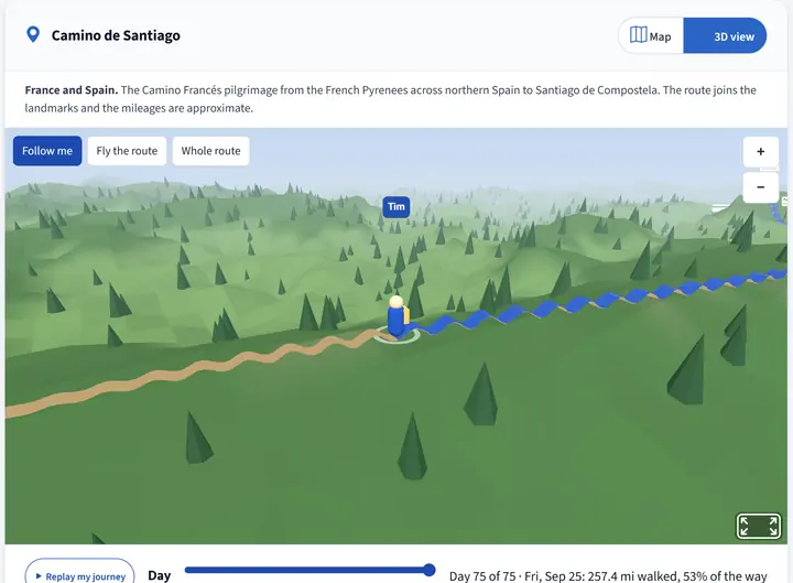 A student's avatar walking the Camino de Santiago through green hills in the Walking Journey 3D view