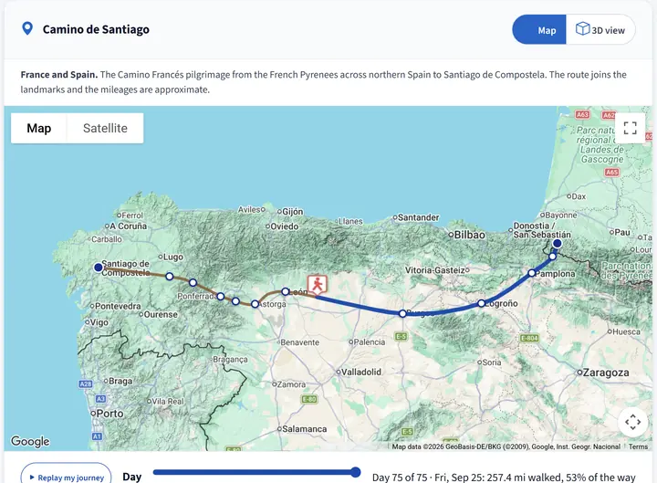 Map view of the Camino de Santiago with the walked portion highlighted and landmarks marked