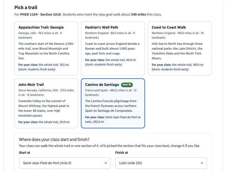 The journey setup wizard showing five trail cards, with the Camino de Santiago marked Best fit for the class