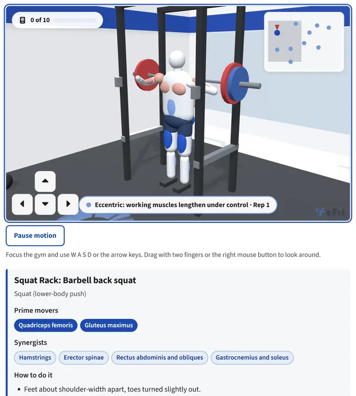 The eFit Gym 3D lab: an avatar demonstrates a barbell back squat while the working muscles glow