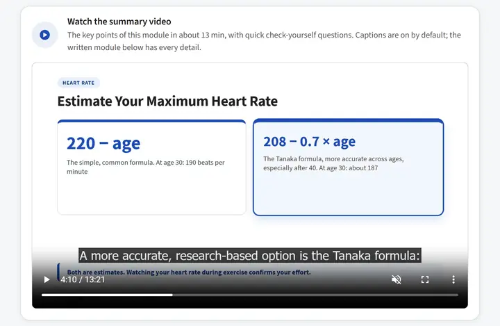 A narrated module summary video with captions, showing a slide on estimating maximum heart rate